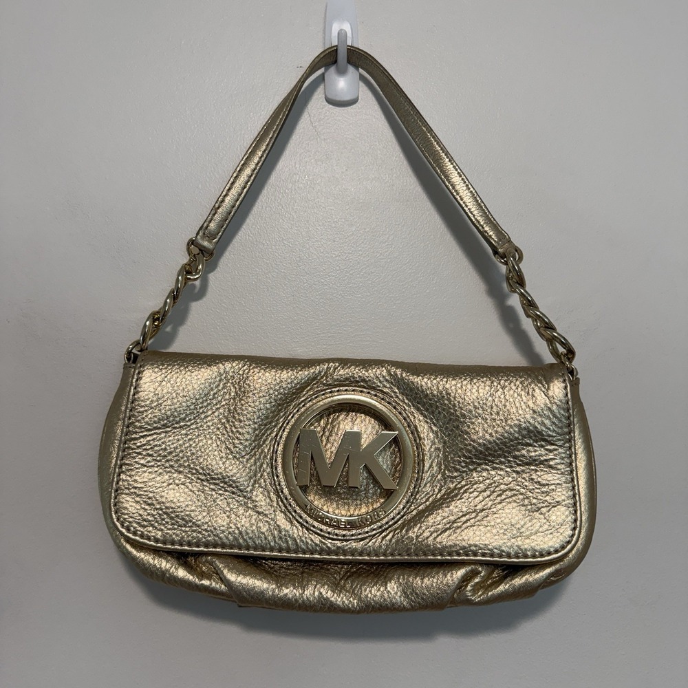 Michael Kors Gold Pebbled Leather Large Logo Chain Shoulder Bag